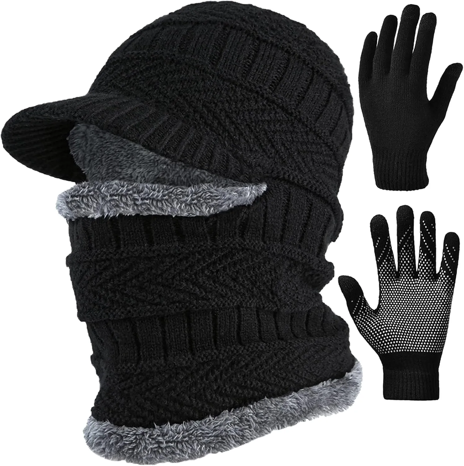 T WILKER 2Pcs Winter Knit Beanie Balaclava Hat Anti-Slip Touch Screen Mittens Set Thermal Ski Mask Cap Unisex for Womens Mens