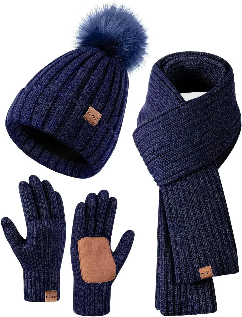 Winter Beanie Hat Scarf Gloves Set for Women, Winter Hats for Women Fleece Lined Warm Thermal, Womens Beanie with Pom Pom Long Scarf Neck Warmer Touchscreen Gloves 3 in 1 Cold Weather Set(B-10) Navy
