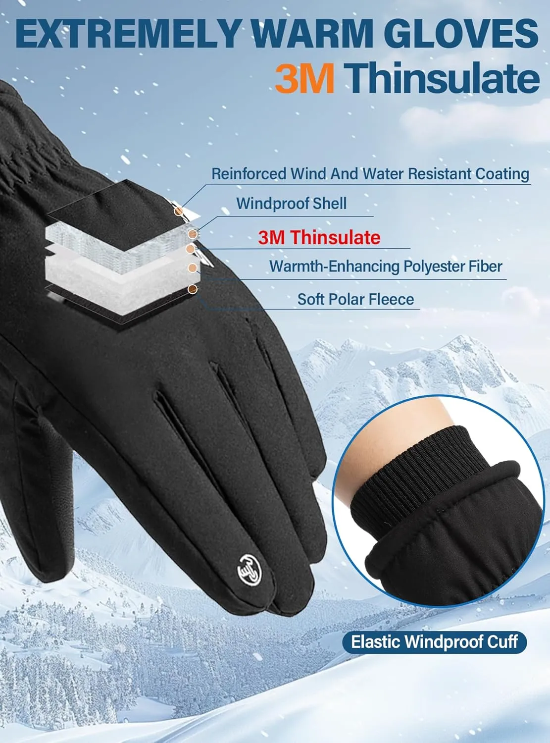 Winter Gloves Men Women - Thermal 3M Thinsulate Ski Gloves, Thinck Waterproof Cold Weather Snow Gloves With Touchscreen Fingers, Anti-Slip Windproof Warm Sports Glove Snowboard, Cycling, Hiking
