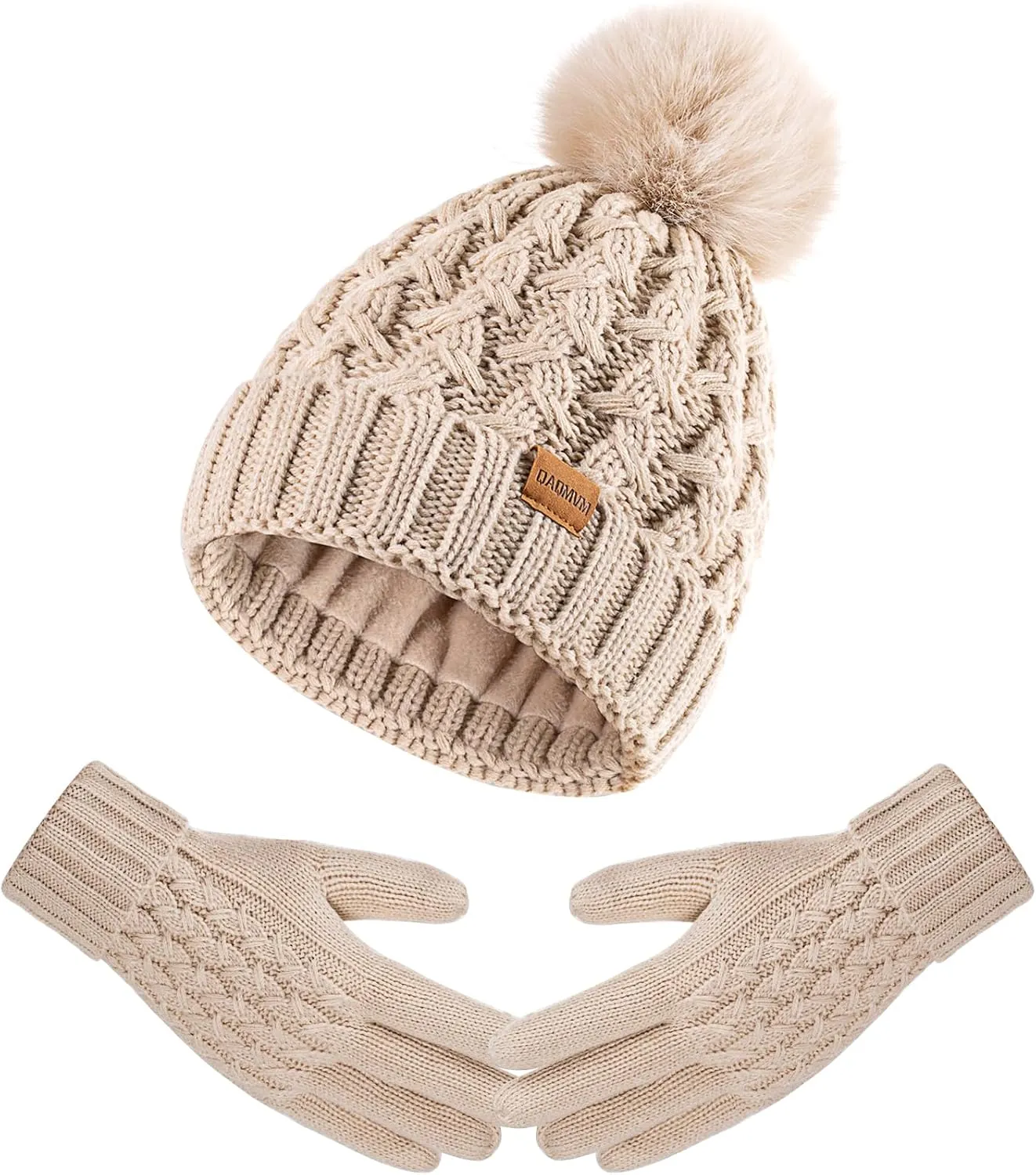 Women Winter Beanie Hat Scarf Gloves Set Pom Hat with Warm Fleece Lined Long Knit Scarf Touchscreen Gloves for Cold Weather