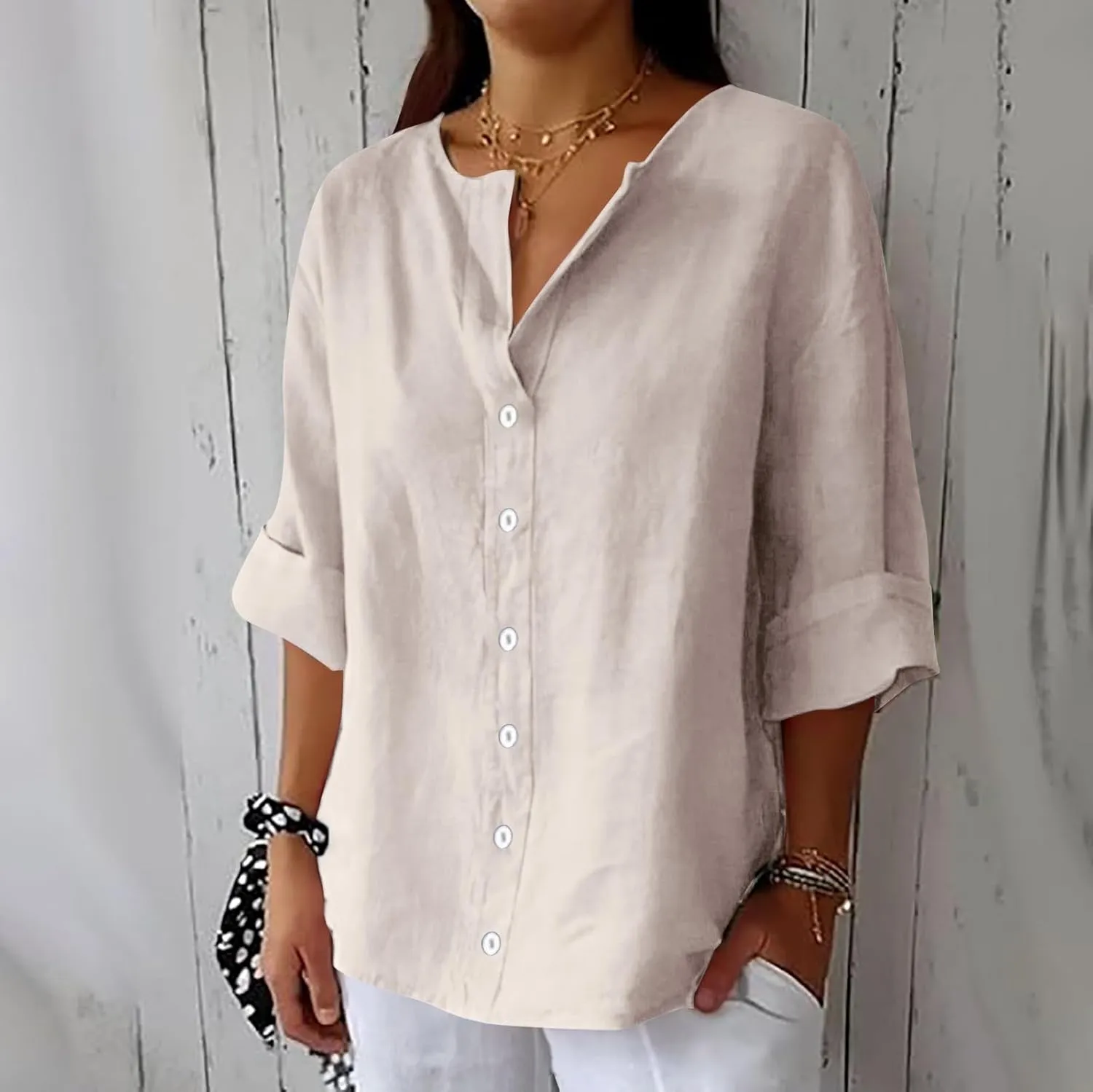 Womens Summer Tops Summer Women's Solid Linen V - Neck Button Down Blouse: 3/4 Sleeve Loose Casual Top