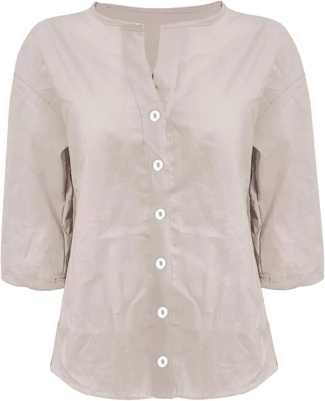 Womens Summer Tops Summer Women's Solid Linen V - Neck Button Down Blouse: 3/4 Sleeve Loose Casual Top