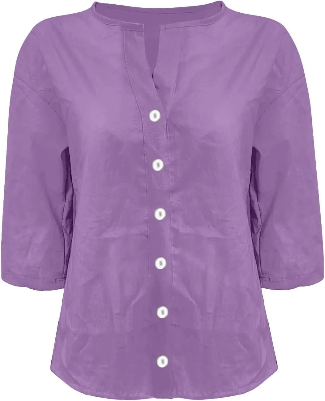 Womens Summer Tops Summer Women's Solid Linen V - Neck Button Down Blouse: 3/4 Sleeve Loose Casual Top