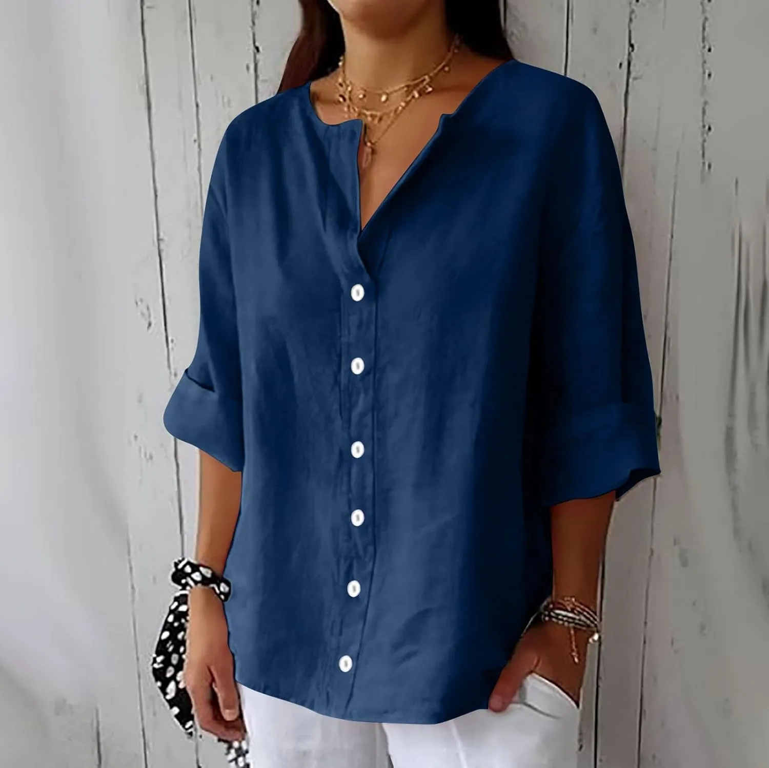 Womens Summer Tops Summer Women's Solid Linen V - Neck Button Down Blouse: 3/4 Sleeve Loose Casual Top