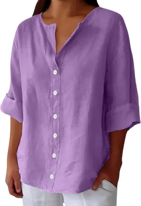 Womens Summer Tops Summer Women's Solid Linen V - Neck Button Down Blouse: 3/4 Sleeve Loose Casual Top
