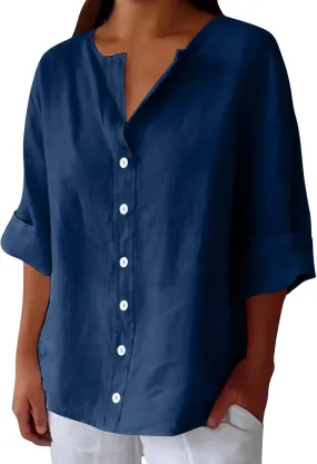 Womens Summer Tops Summer Women's Solid Linen V - Neck Button Down Blouse: 3/4 Sleeve Loose Casual Top