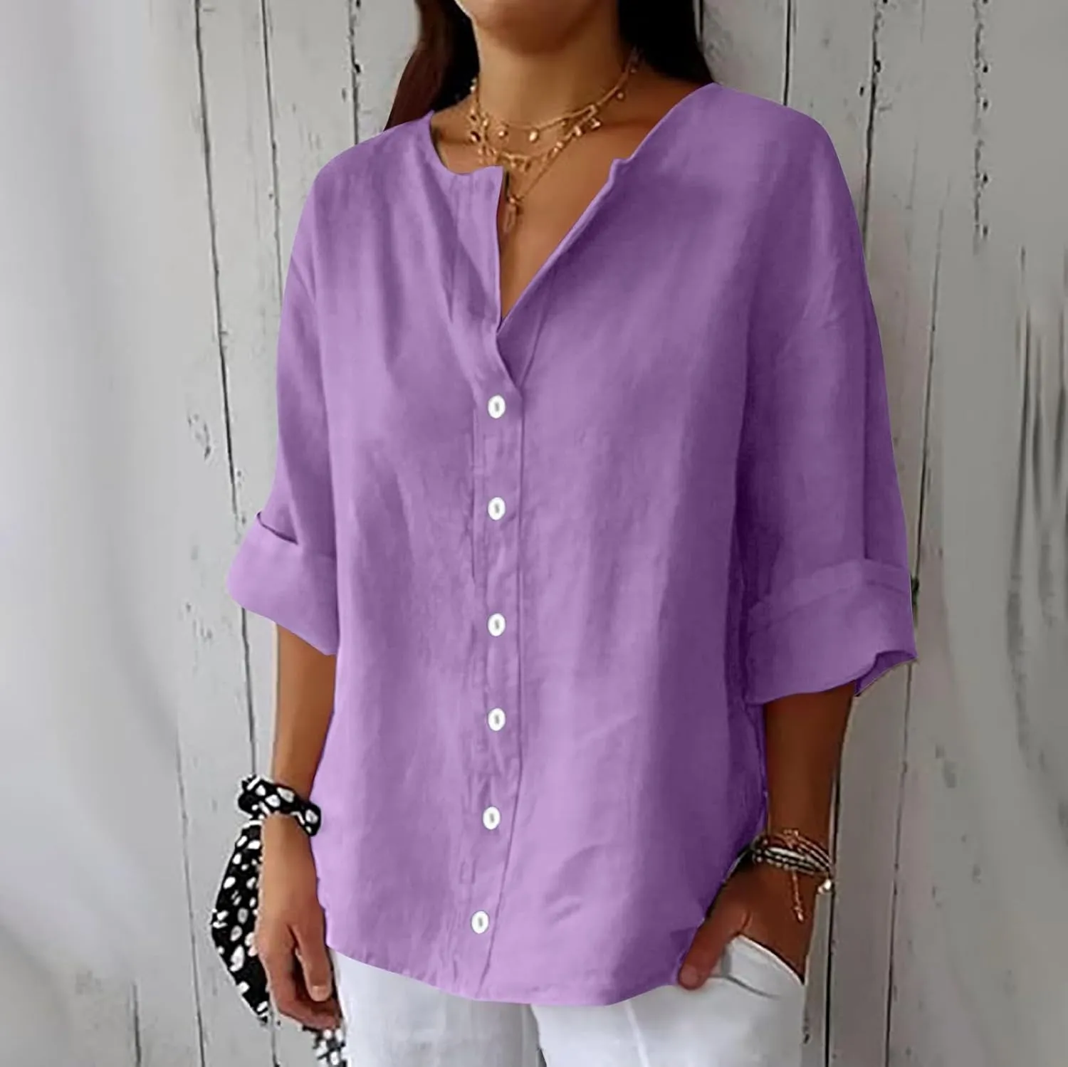 Womens Summer Tops Summer Women's Solid Linen V - Neck Button Down Blouse: 3/4 Sleeve Loose Casual Top