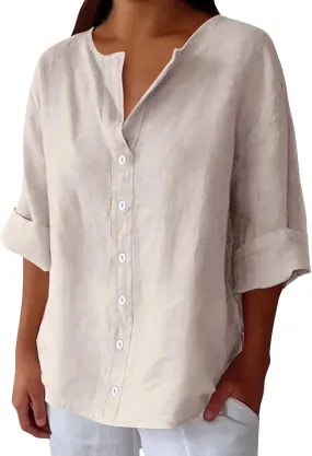 Womens Summer Tops Summer Women's Solid Linen V - Neck Button Down Blouse: 3/4 Sleeve Loose Casual Top
