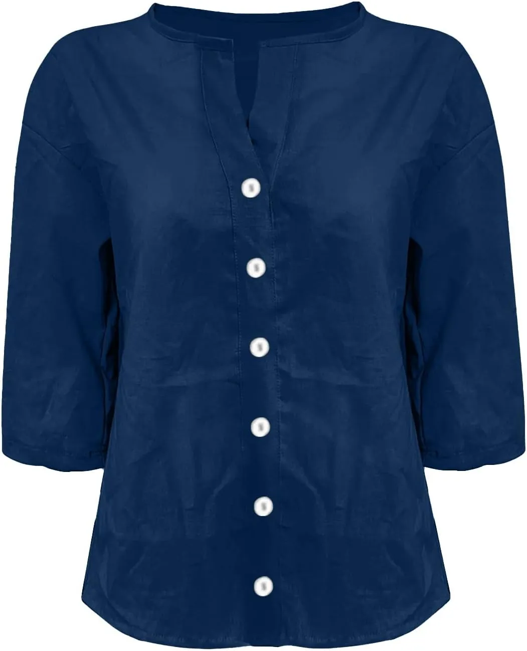 Womens Summer Tops Summer Women's Solid Linen V - Neck Button Down Blouse: 3/4 Sleeve Loose Casual Top