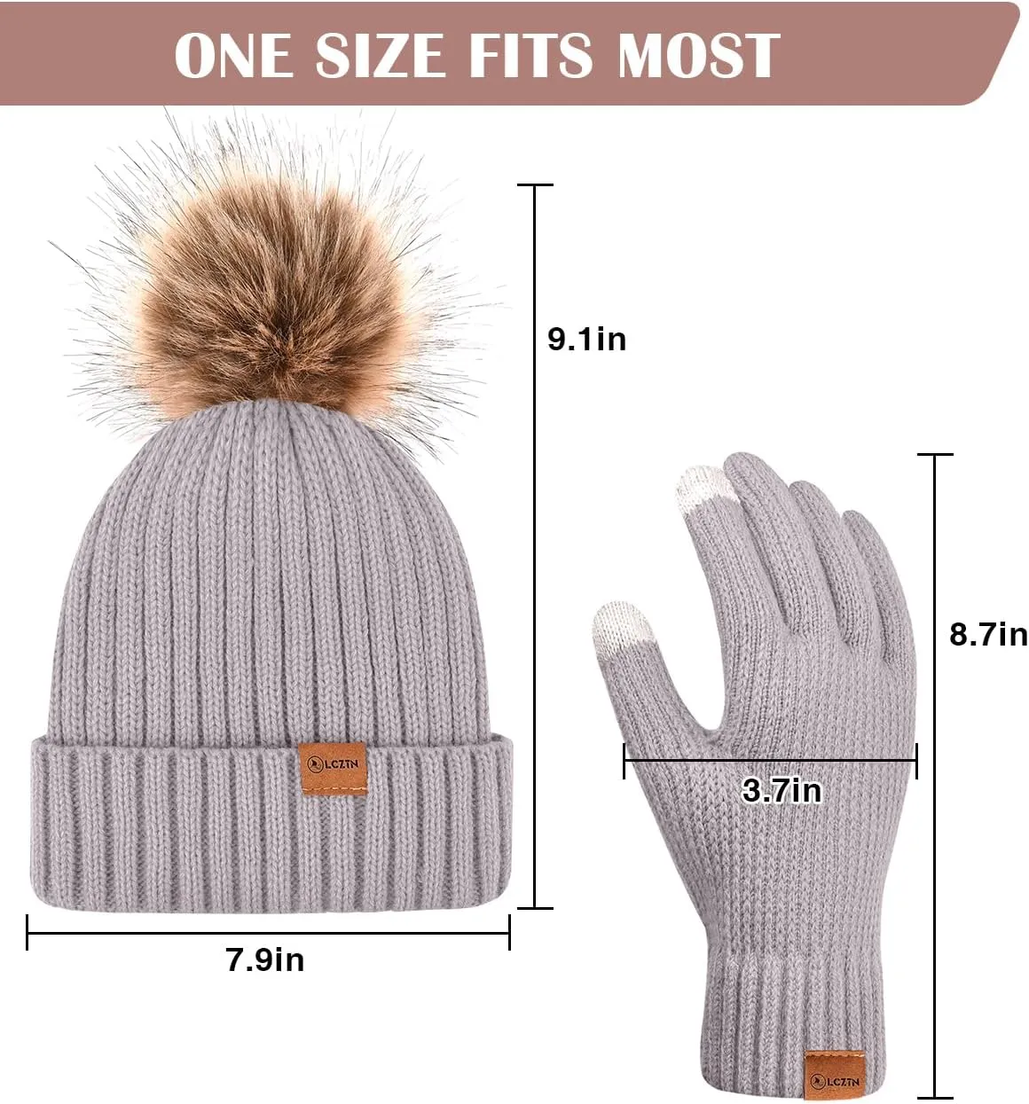Womens Winter Beanie Hat Gloves Set,Fleece Lined Warm Knit Pom Pom Ski Hat Touchscreen Gloves Set Gifts for Cold Weather