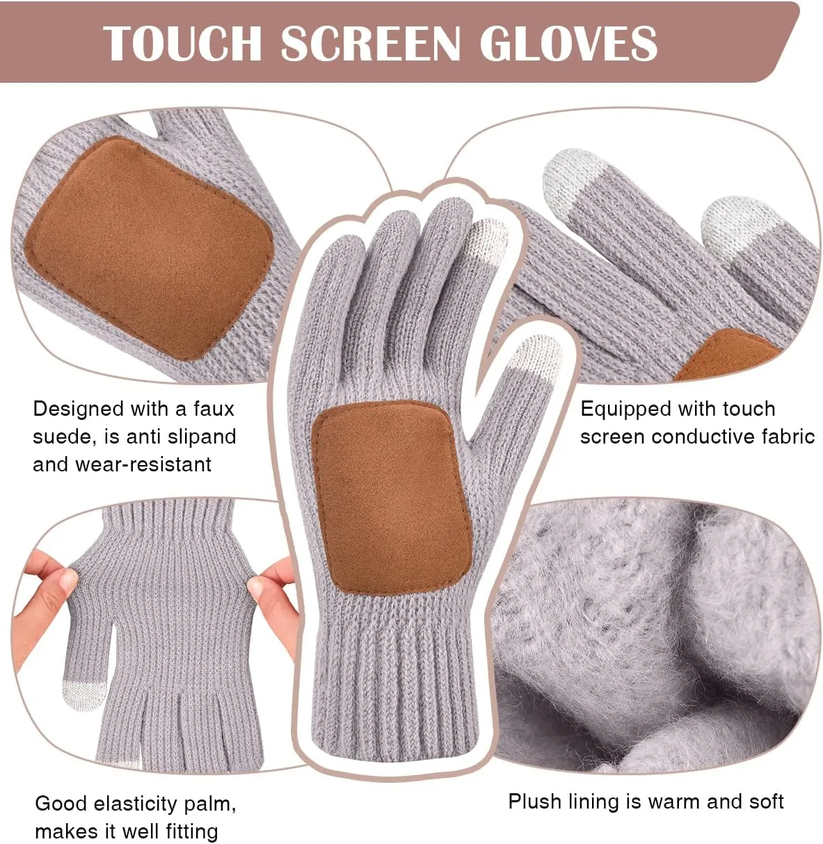 Womens Winter Beanie Hat Gloves Set,Fleece Lined Warm Knit Pom Pom Ski Hat Touchscreen Gloves Set Gifts for Cold Weather