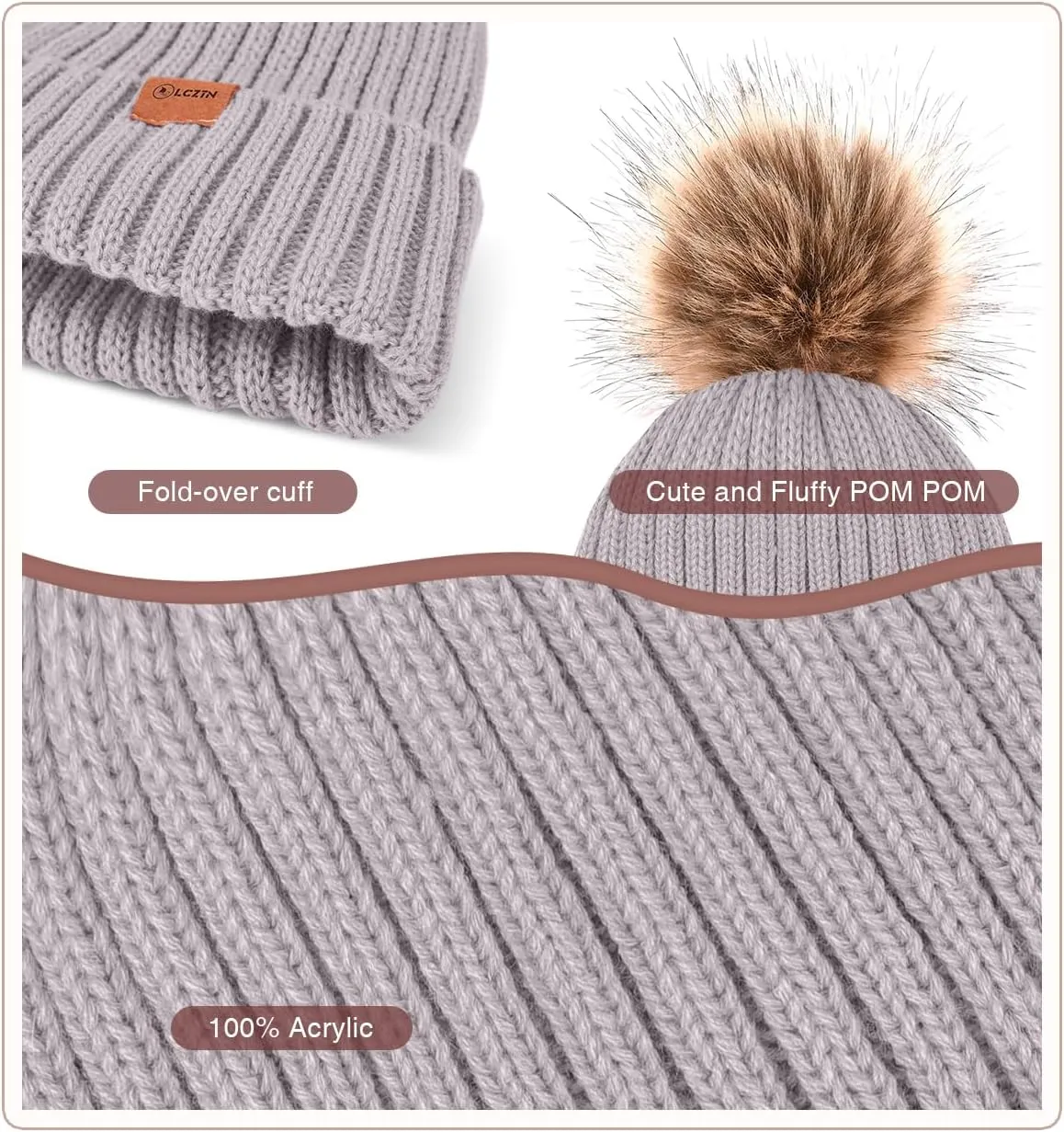 Womens Winter Beanie Hat Gloves Set,Fleece Lined Warm Knit Pom Pom Ski Hat Touchscreen Gloves Set Gifts for Cold Weather