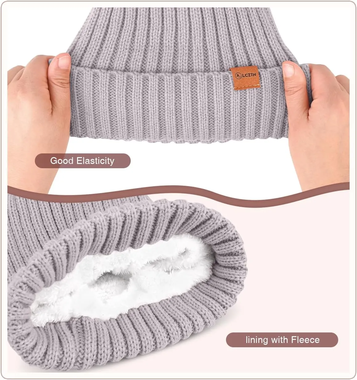 Womens Winter Beanie Hat Gloves Set,Fleece Lined Warm Knit Pom Pom Ski Hat Touchscreen Gloves Set Gifts for Cold Weather