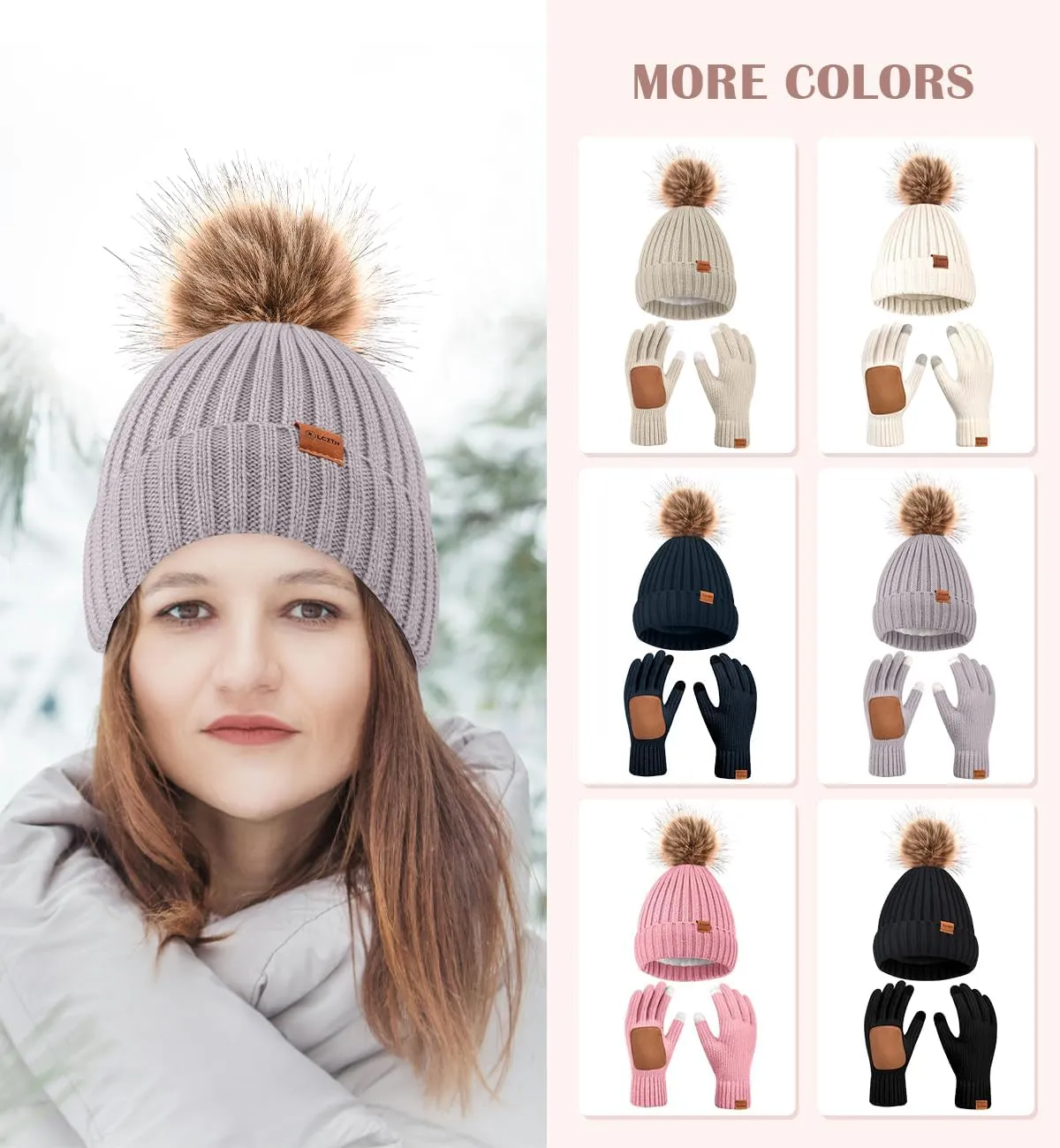 Womens Winter Beanie Hat Gloves Set,Fleece Lined Warm Knit Pom Pom Ski Hat Touchscreen Gloves Set Gifts for Cold Weather