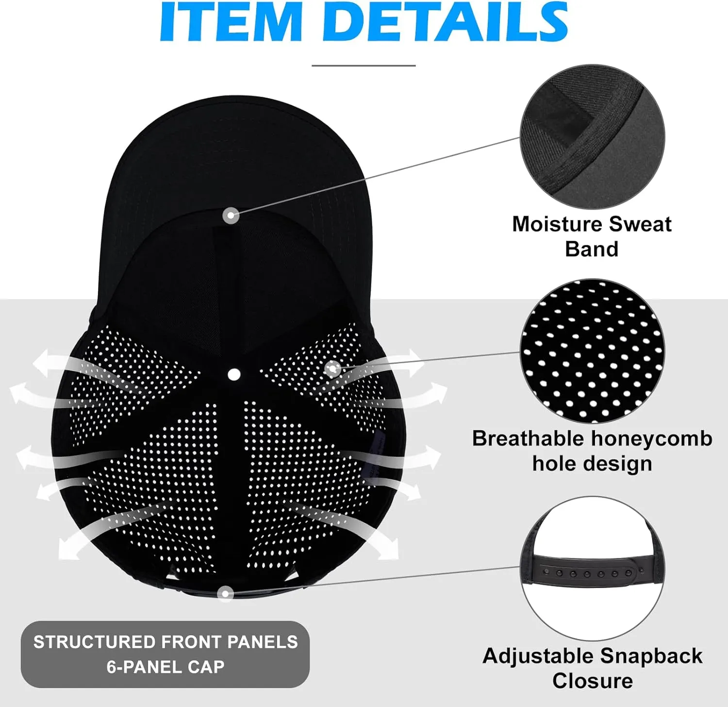 XXL Large Size Mens Quick Dry Baseball Cap Laser Cut Breathable Mesh Sport Cap Curved Brim Snapback Hat for Big Head