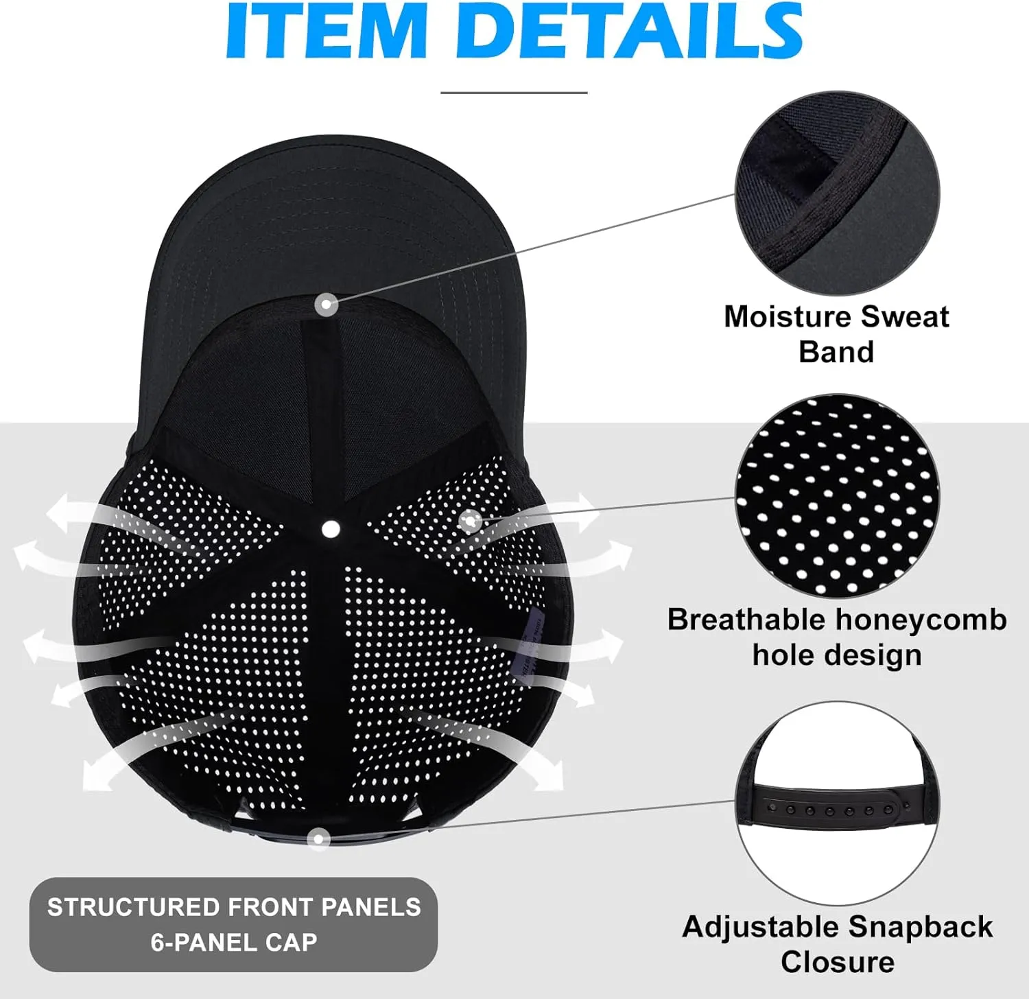 XXL Large Size Mens Quick Dry Baseball Cap Laser Cut Breathable Mesh Sport Cap Curved Brim Snapback Hat for Big Head