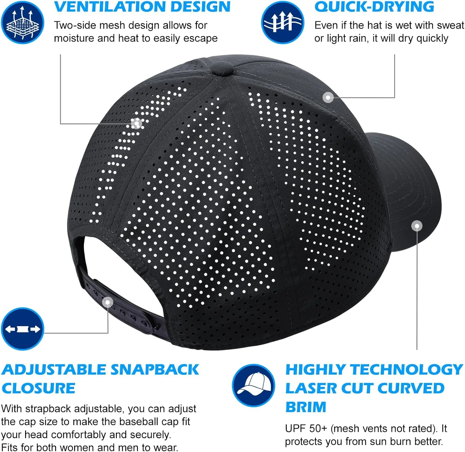 XXL Large Size Mens Quick Dry Baseball Cap Laser Cut Breathable Mesh Sport Cap Curved Brim Snapback Hat for Big Head