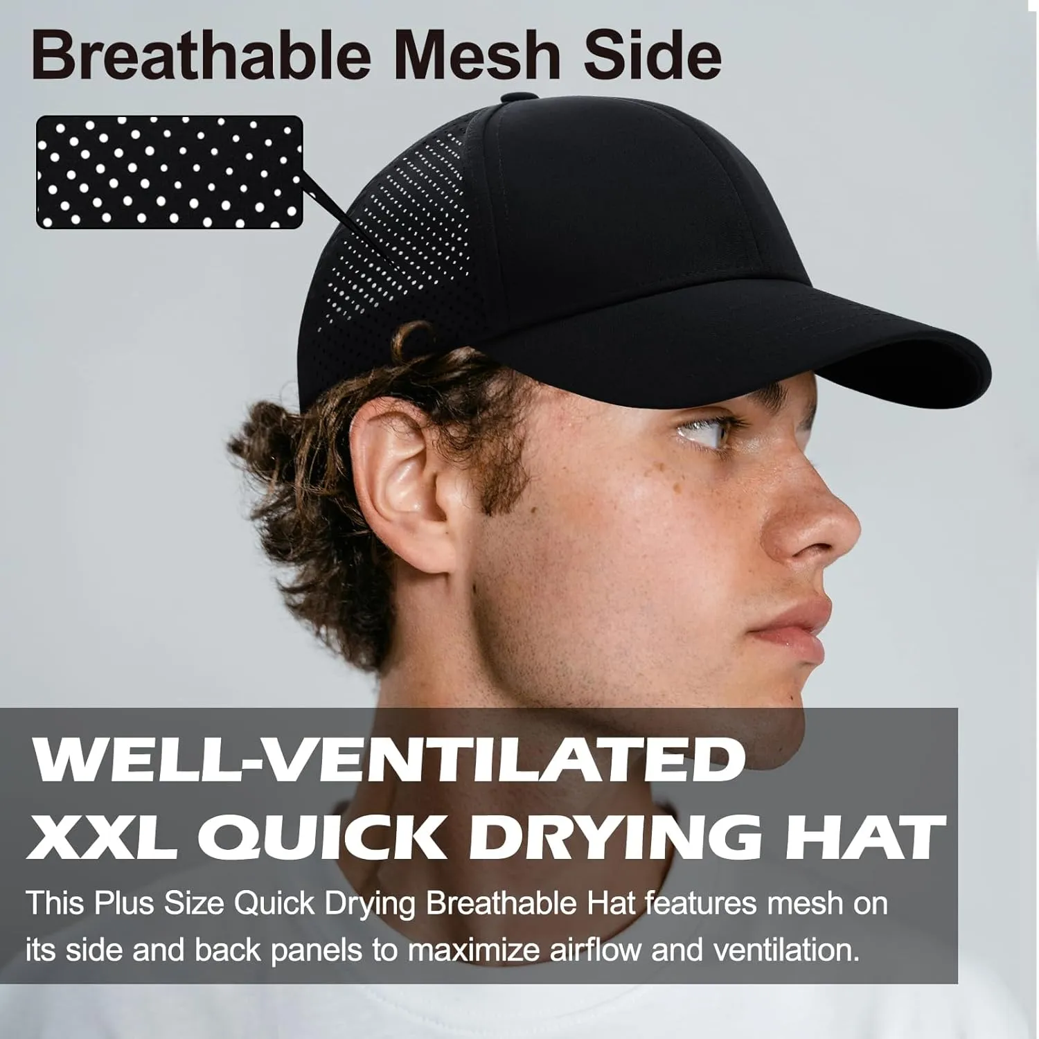 XXL Large Size Mens Quick Dry Baseball Cap Laser Cut Breathable Mesh Sport Cap Curved Brim Snapback Hat for Big Head